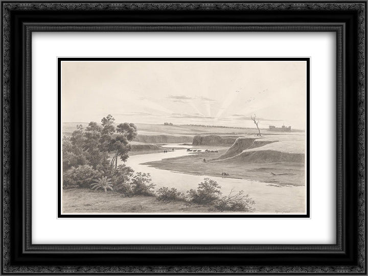 Old ford through the River Torrens at Adelaide 24x18 Black Ornate Wood Framed Art Print Poster with Double Matting by von Guerard, Eugene