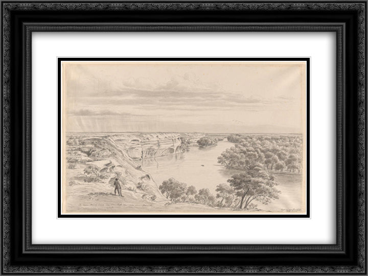 The River Murray and its limestone cliffs three miles above Moorundi, south view 24x18 Black Ornate Wood Framed Art Print Poster with Double Matting by von Guerard, Eugene