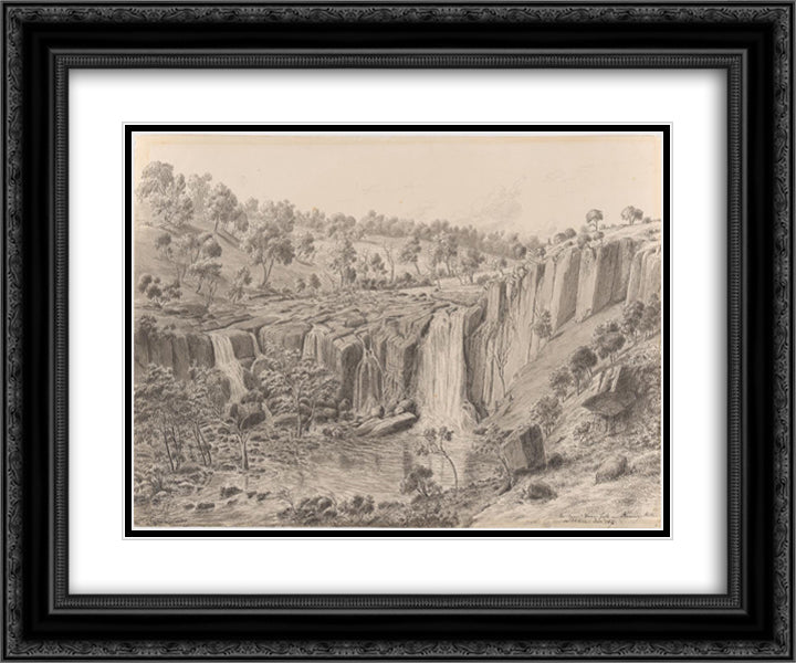 The Upper Wannon Falls on Kennedy's Station in Victoria 24x20 Black Ornate Wood Framed Art Print Poster with Double Matting by von Guerard, Eugene