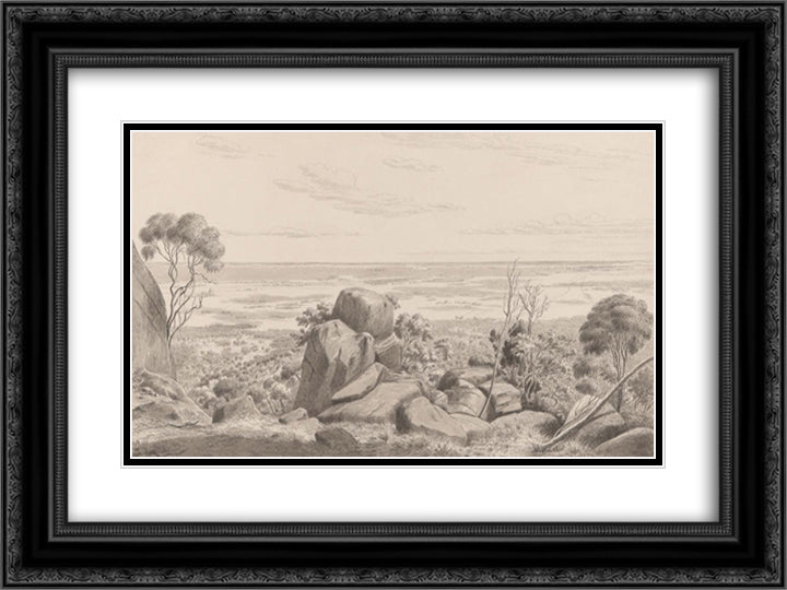 View of Geelong, the Corio Bay and Indented Heads from the southern declivity of Station Peak 24x18 Black Ornate Wood Framed Art Print Poster with Double Matting by von Guerard, Eugene