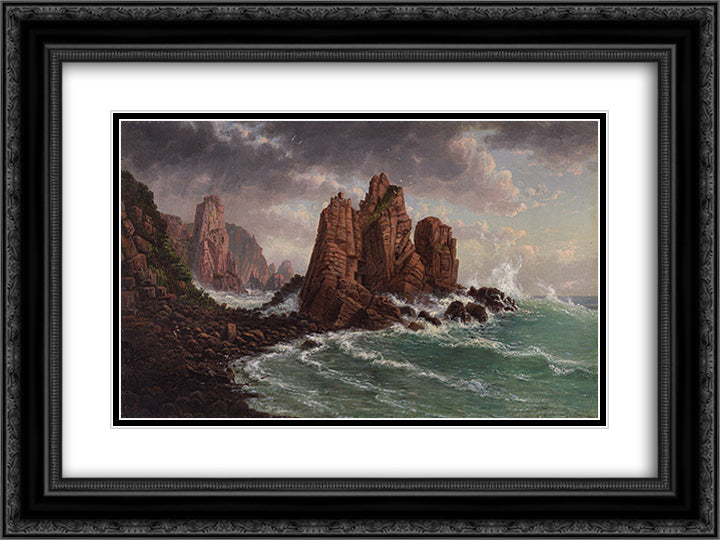 View of the granite rocks at Cape Woolamai 24x18 Black Ornate Wood Framed Art Print Poster with Double Matting by von Guerard, Eugene