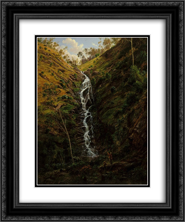 Waterfall, Strath Creek 20x24 Black Ornate Wood Framed Art Print Poster with Double Matting by von Guerard, Eugene