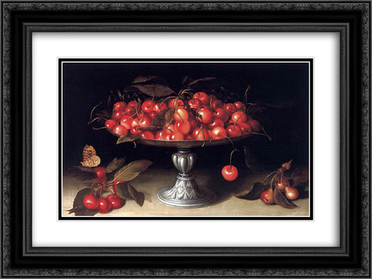 Cherries in a Silver Compote 24x18 Black Ornate Wood Framed Art Print Poster with Double Matting by Galizia, Fede