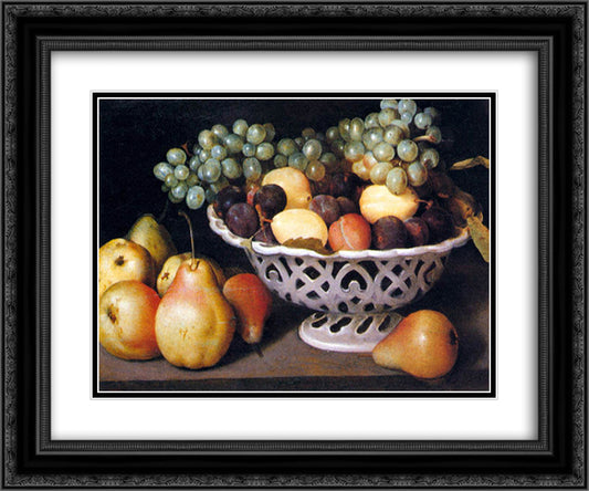 Maiolica Basket of Fruit 24x20 Black Ornate Wood Framed Art Print Poster with Double Matting by Galizia, Fede