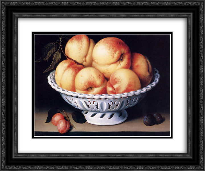 White Ceramic Bowl with Peaches and Red and Blue Plums 24x20 Black Ornate Wood Framed Art Print Poster with Double Matting by Galizia, Fede