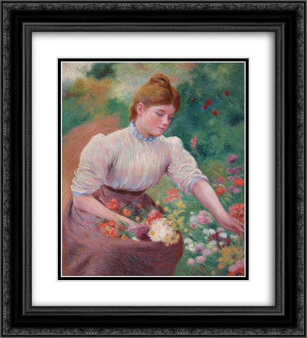 Girl picking flowers 20x22 Black Ornate Wood Framed Art Print Poster with Double Matting by Zandomeneghi, Federico