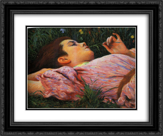 Girl with flowers 24x20 Black Ornate Wood Framed Art Print Poster with Double Matting by Zandomeneghi, Federico