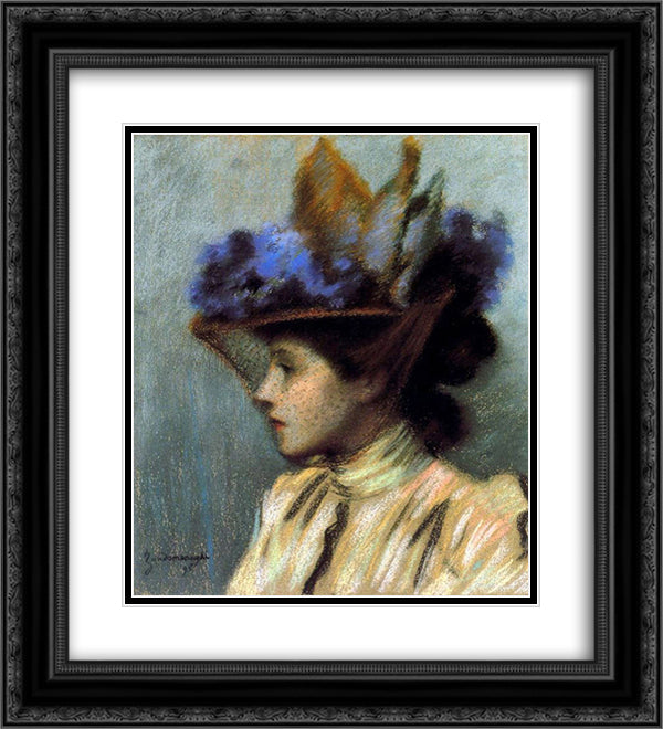 Lady with a hat 20x22 Black Ornate Wood Framed Art Print Poster with Double Matting by Zandomeneghi, Federico