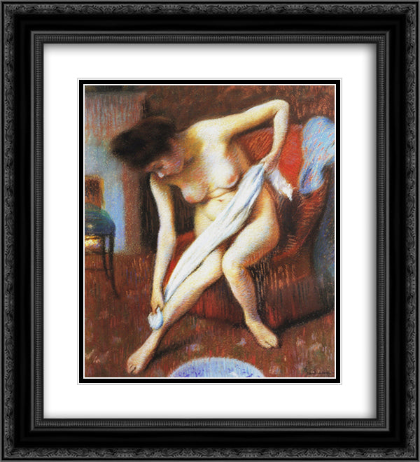 Woman Drying Herself 20x22 Black Ornate Wood Framed Art Print Poster with Double Matting by Zandomeneghi, Federico