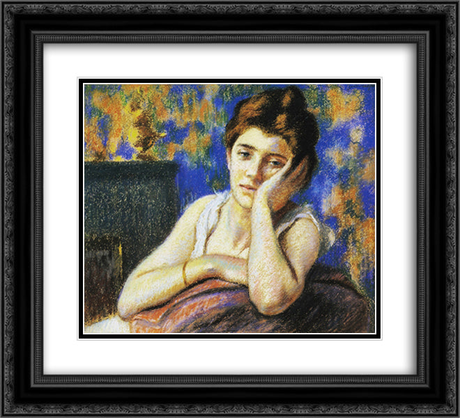 Woman leaning on a chair 22x20 Black Ornate Wood Framed Art Print Poster with Double Matting by Zandomeneghi, Federico