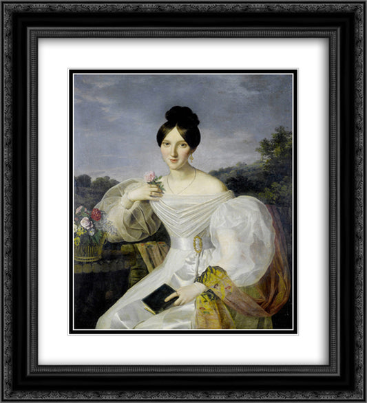 A lady in a white dress and shawl before a Viennese landscape 20x22 Black Ornate Wood Framed Art Print Poster with Double Matting by Waldmuller, Ferdinand Georg