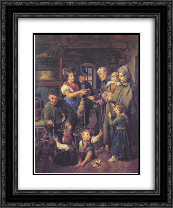 A traveling family of beggars is rewarded by poor peasants on Christmas Eve 20x24 Black Ornate Wood Framed Art Print Poster with Double Matting by Waldmuller, Ferdinand Georg