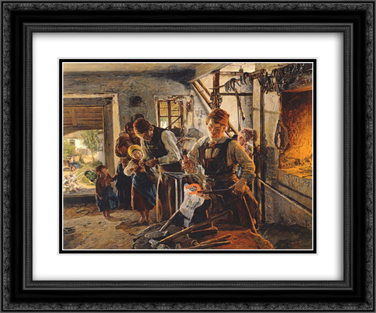 At the farrier 24x20 Black Ornate Wood Framed Art Print Poster with Double Matting by Waldmuller, Ferdinand Georg