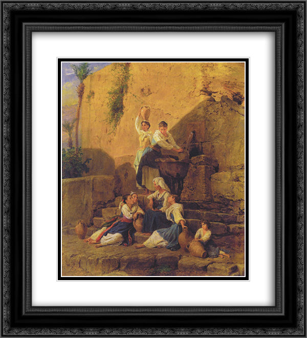 At the fountain in Taormina 20x22 Black Ornate Wood Framed Art Print Poster with Double Matting by Waldmuller, Ferdinand Georg