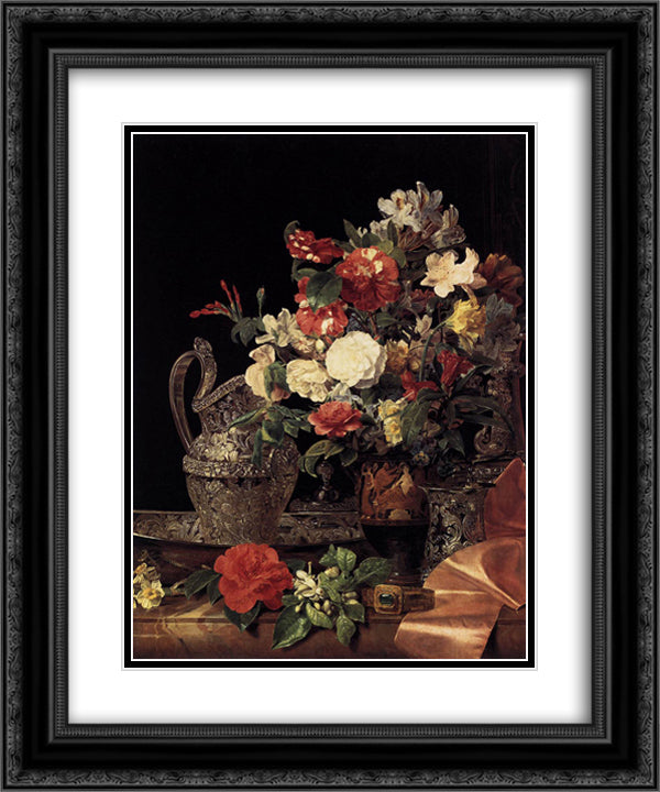 Bouquet in an Attic Bell Crater 20x24 Black Ornate Wood Framed Art Print Poster with Double Matting by Waldmuller, Ferdinand Georg