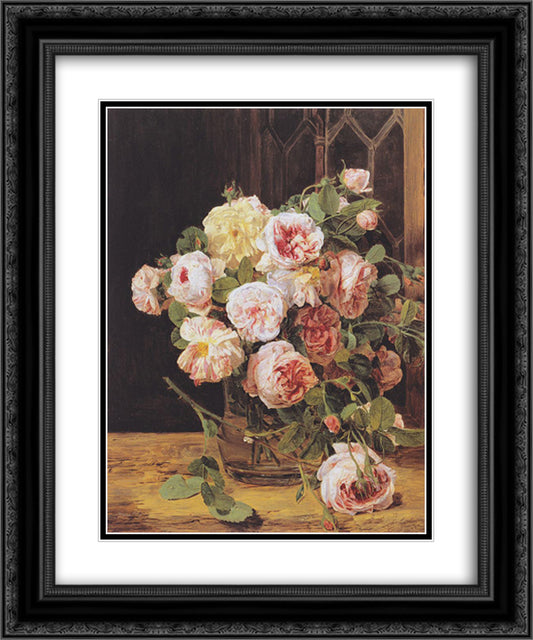 Bouquet of roses at the window 20x24 Black Ornate Wood Framed Art Print Poster with Double Matting by Waldmuller, Ferdinand Georg