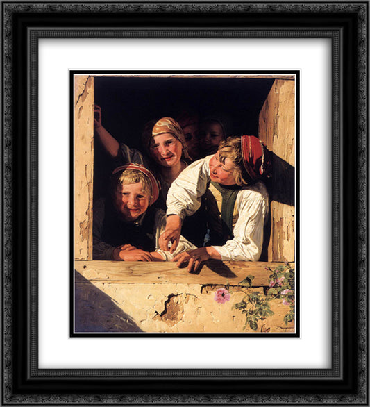 Children at the Window 20x22 Black Ornate Wood Framed Art Print Poster with Double Matting by Waldmuller, Ferdinand Georg