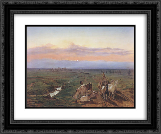 Evening landscape with herd of goats 24x20 Black Ornate Wood Framed Art Print Poster with Double Matting by Waldmuller, Ferdinand Georg