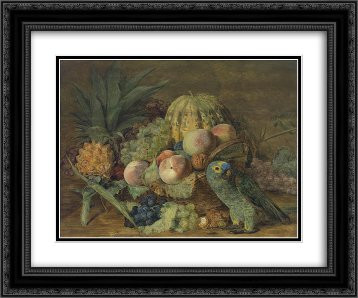 Fruit Still Life with an Amazon parrot 24x20 Black Ornate Wood Framed Art Print Poster with Double Matting by Waldmuller, Ferdinand Georg