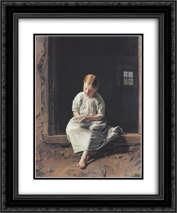 Girl lost in contemplation of an image of the Virgin 20x24 Black Ornate Wood Framed Art Print Poster with Double Matting by Waldmuller, Ferdinand Georg