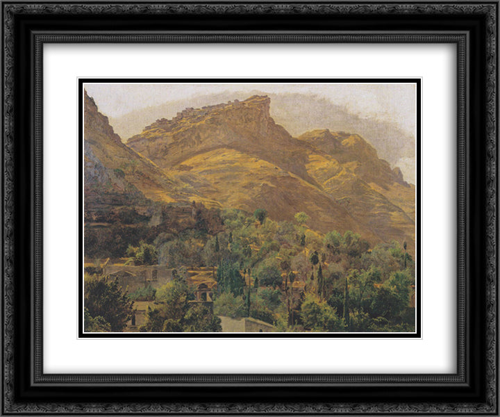 Look to the mountain town of Mola at Taormina 24x20 Black Ornate Wood Framed Art Print Poster with Double Matting by Waldmuller, Ferdinand Georg