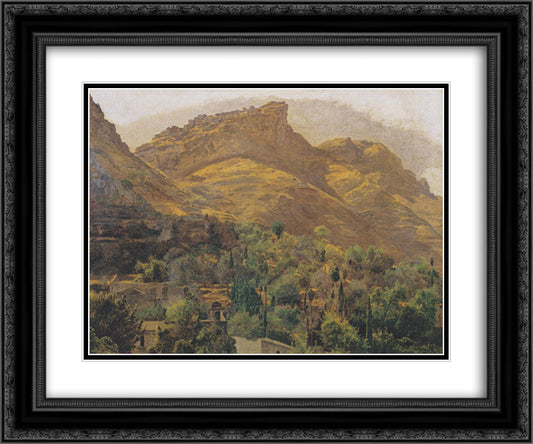 Look to the mountain town of Mola at Taormina 24x20 Black Ornate Wood Framed Art Print Poster with Double Matting by Waldmuller, Ferdinand Georg