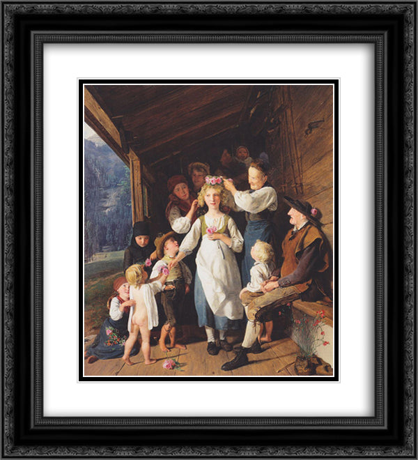 Maid with garland 20x22 Black Ornate Wood Framed Art Print Poster with Double Matting by Waldmuller, Ferdinand Georg