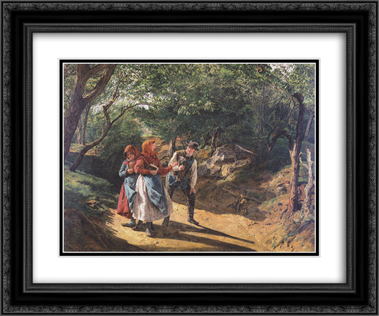 Meeting in the woods 24x20 Black Ornate Wood Framed Art Print Poster with Double Matting by Waldmuller, Ferdinand Georg