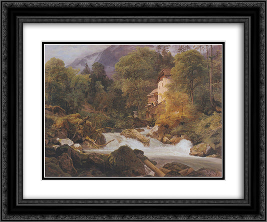 Mill at the outlet of the Konigssee 24x20 Black Ornate Wood Framed Art Print Poster with Double Matting by Waldmuller, Ferdinand Georg