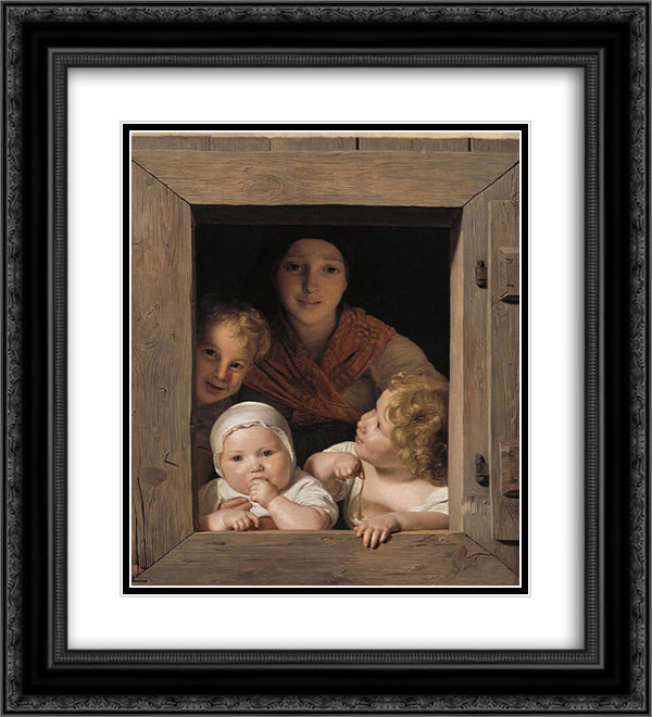 Young Peasant Woman with Three Children at the Window 20x22 Black Ornate Wood Framed Art Print Poster with Double Matting by Waldmuller, Ferdinand Georg