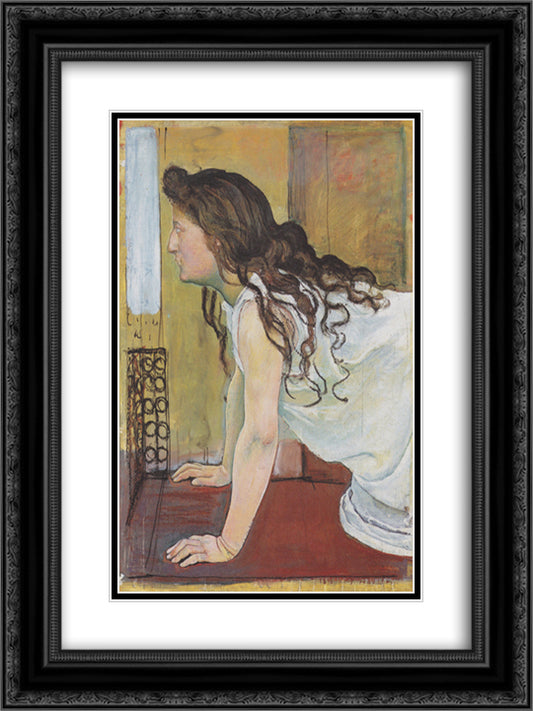 Girl at the Window 18x24 Black Ornate Wood Framed Art Print Poster with Double Matting by Hodler, Ferdinand