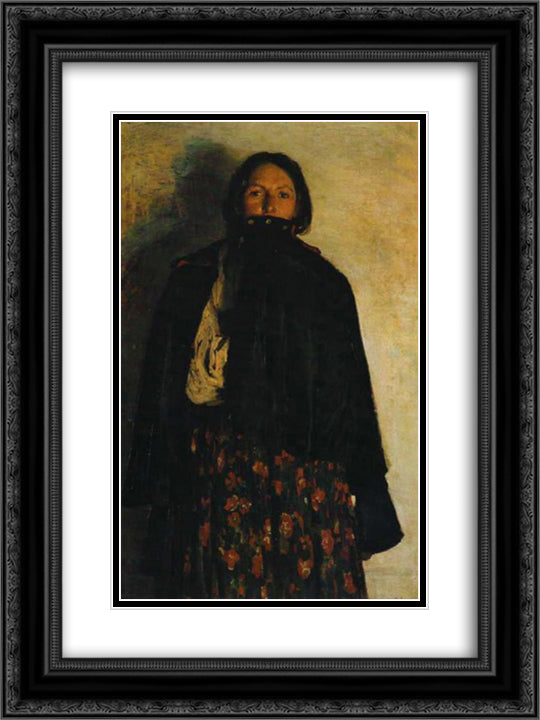 A peasant covering up her mouth by coat 18x24 Black Ornate Wood Framed Art Print Poster with Double Matting by Malyavin, Filipp