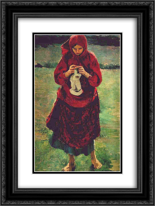 Peasant Girl Knitting a Stocking 18x24 Black Ornate Wood Framed Art Print Poster with Double Matting by Malyavin, Filipp