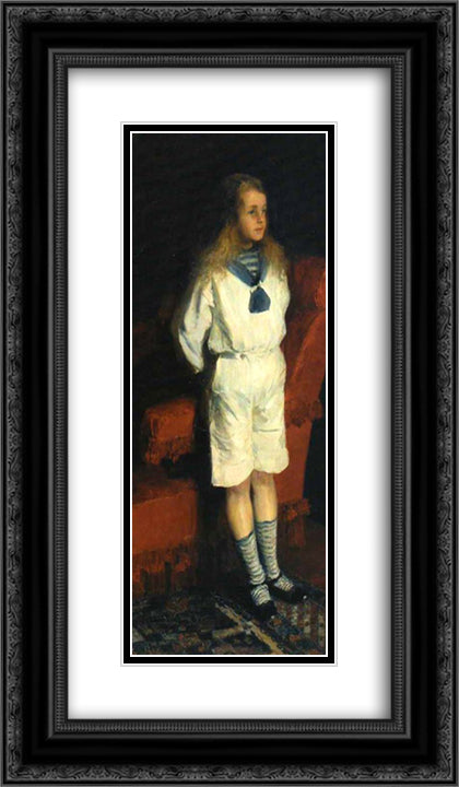 Portrait of a boy in a white suit 14x24 Black Ornate Wood Framed Art Print Poster with Double Matting by Malyavin, Filipp