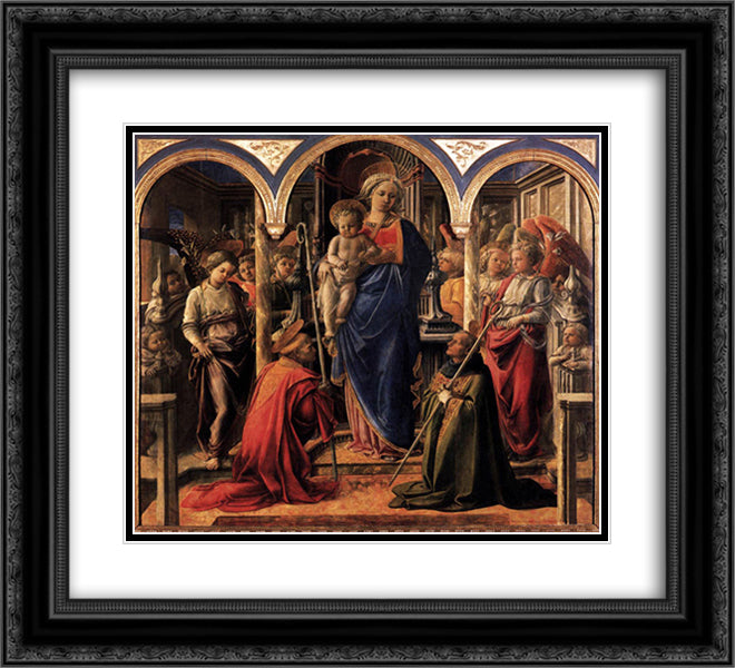 Madonna and Child with St. Fredianus and St. Augustine 22x20 Black Ornate Wood Framed Art Print Poster with Double Matting by Lippi, Filippo