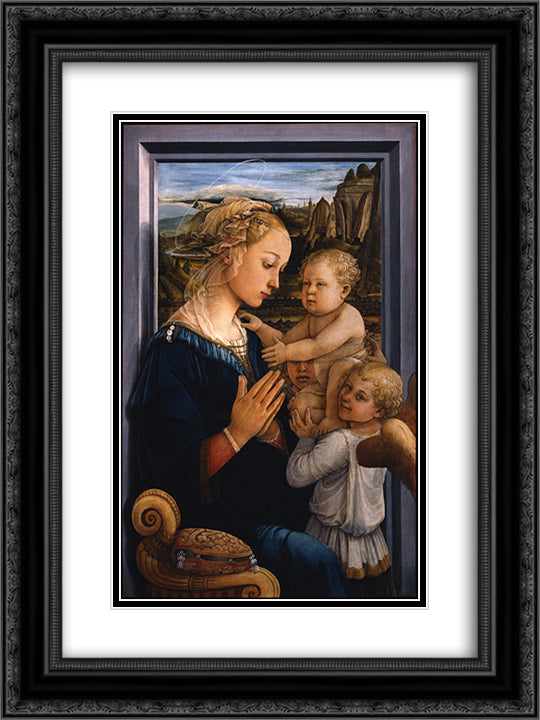 Madonna and Child with two Angels 18x24 Black Ornate Wood Framed Art Print Poster with Double Matting by Lippi, Filippo