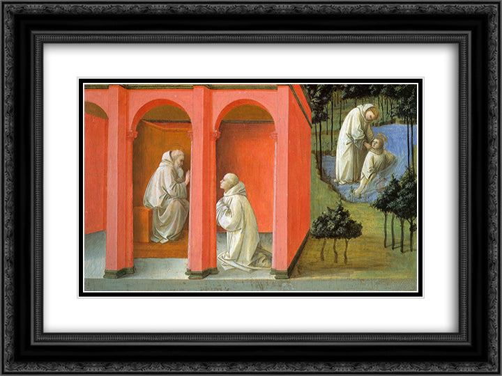 St. Benedict Orders St. Maurus to the Rescue of St. Placidus 24x18 Black Ornate Wood Framed Art Print Poster with Double Matting by Lippi, Filippo