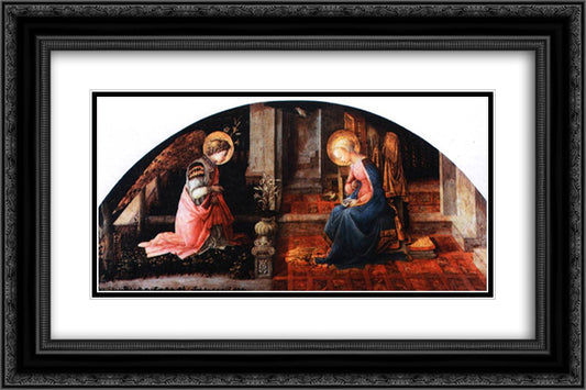 The Annunciation 24x16 Black Ornate Wood Framed Art Print Poster with Double Matting by Lippi, Filippo