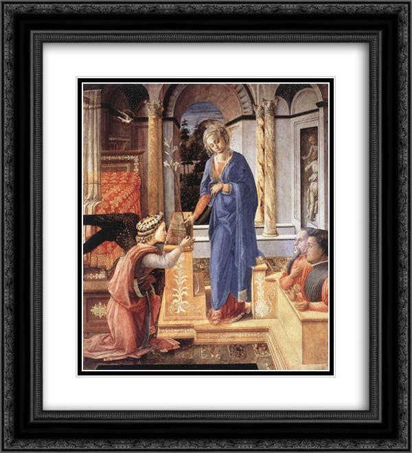 The Annunciation with two Kneeling Donors 20x22 Black Ornate Wood Framed Art Print Poster with Double Matting by Lippi, Filippo