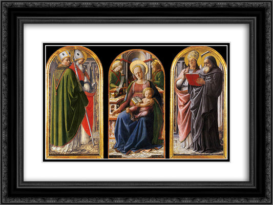 Triptych 24x18 Black Ornate Wood Framed Art Print Poster with Double Matting by Lippi, Filippo