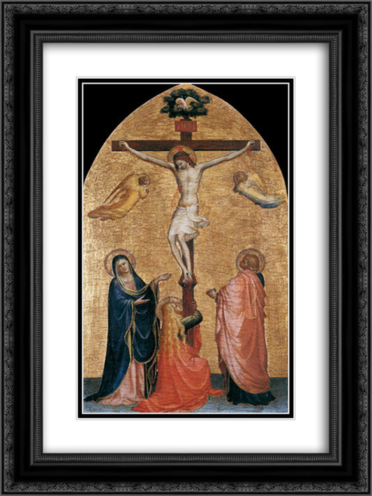 Crucifixion with the Virgin, John the Evangelist, and Mary Magdelene 18x24 Black Ornate Wood Framed Art Print Poster with Double Matting by Angelico, Fra