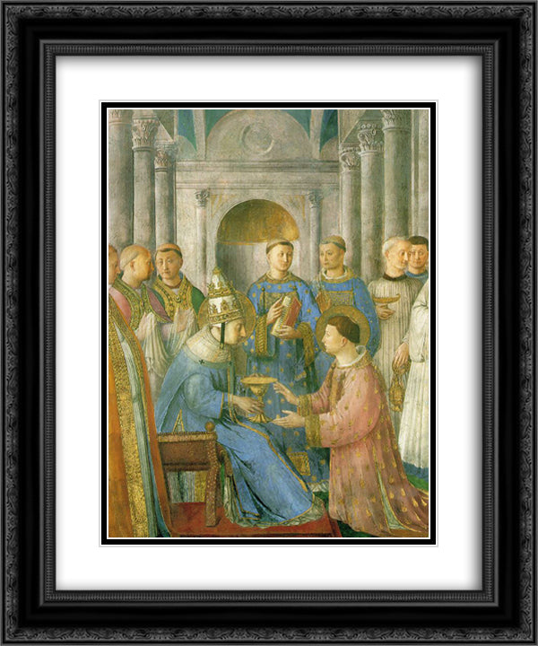 The ordination of St. Lawrence 20x24 Black Ornate Wood Framed Art Print Poster with Double Matting by Angelico, Fra