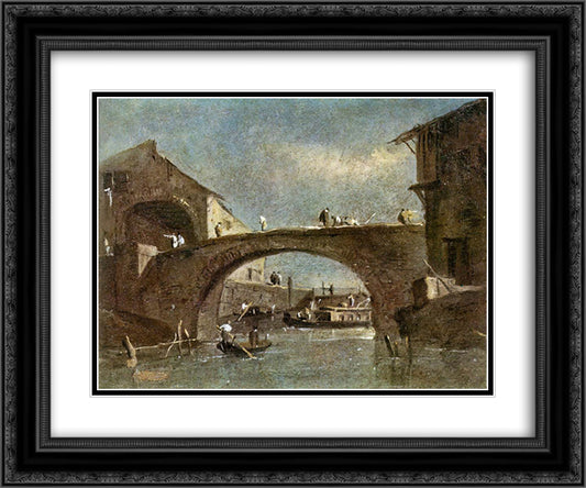 Bridge at Dolo 24x20 Black Ornate Wood Framed Art Print Poster with Double Matting by Guardi, Francesco