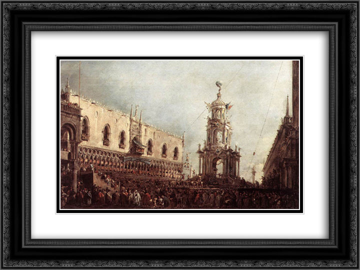 Carnival Thursday on the Piazzetta 24x18 Black Ornate Wood Framed Art Print Poster with Double Matting by Guardi, Francesco