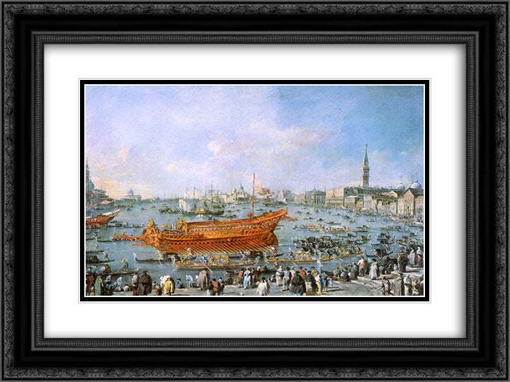 Departure of the Bucentaur Towards the Venice Lido on Ascension Day 24x18 Black Ornate Wood Framed Art Print Poster with Double Matting by Guardi, Francesco