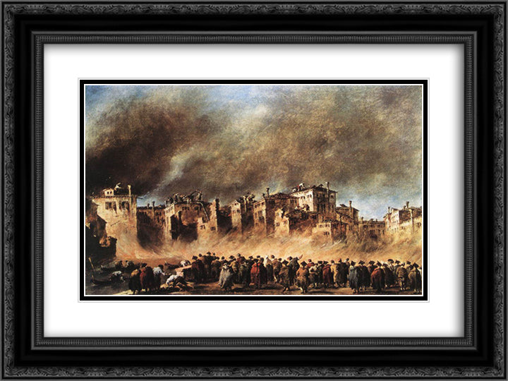 Fire in the Oil Depot at San Marcuola 24x18 Black Ornate Wood Framed Art Print Poster with Double Matting by Guardi, Francesco