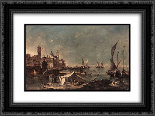 Landscape with a Fisherman's 24x18 Black Ornate Wood Framed Art Print Poster with Double Matting by Guardi, Francesco