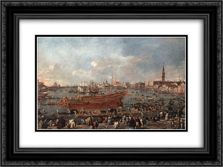 The Doge on the Bucintoro near the Riva di Sant'Elena 24x18 Black Ornate Wood Framed Art Print Poster with Double Matting by Guardi, Francesco