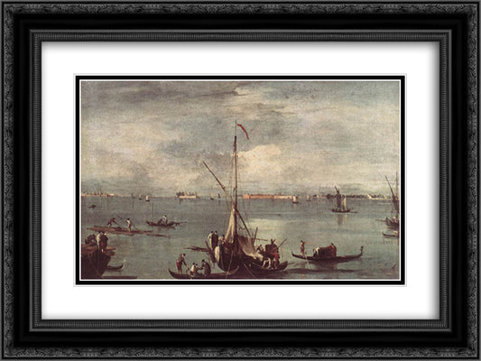 The Lagoon with Boats, Gondolas, and Rafts 24x18 Black Ornate Wood Framed Art Print Poster with Double Matting by Guardi, Francesco