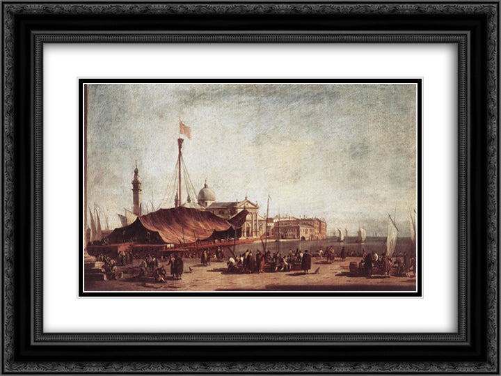 The Piazzetta, Looking toward San Giorgio Maggiore 24x18 Black Ornate Wood Framed Art Print Poster with Double Matting by Guardi, Francesco